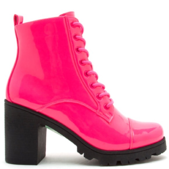 2 Left! Qupid SORRENTO Pink Neon Patent Lace-Up Heeled Combat Bootie - Picture 3 of 8